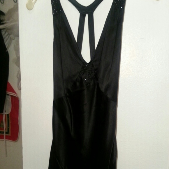 Express Black Satin gown beaded very low back