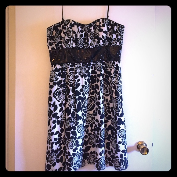 Black and white floral dress with sequin trim
