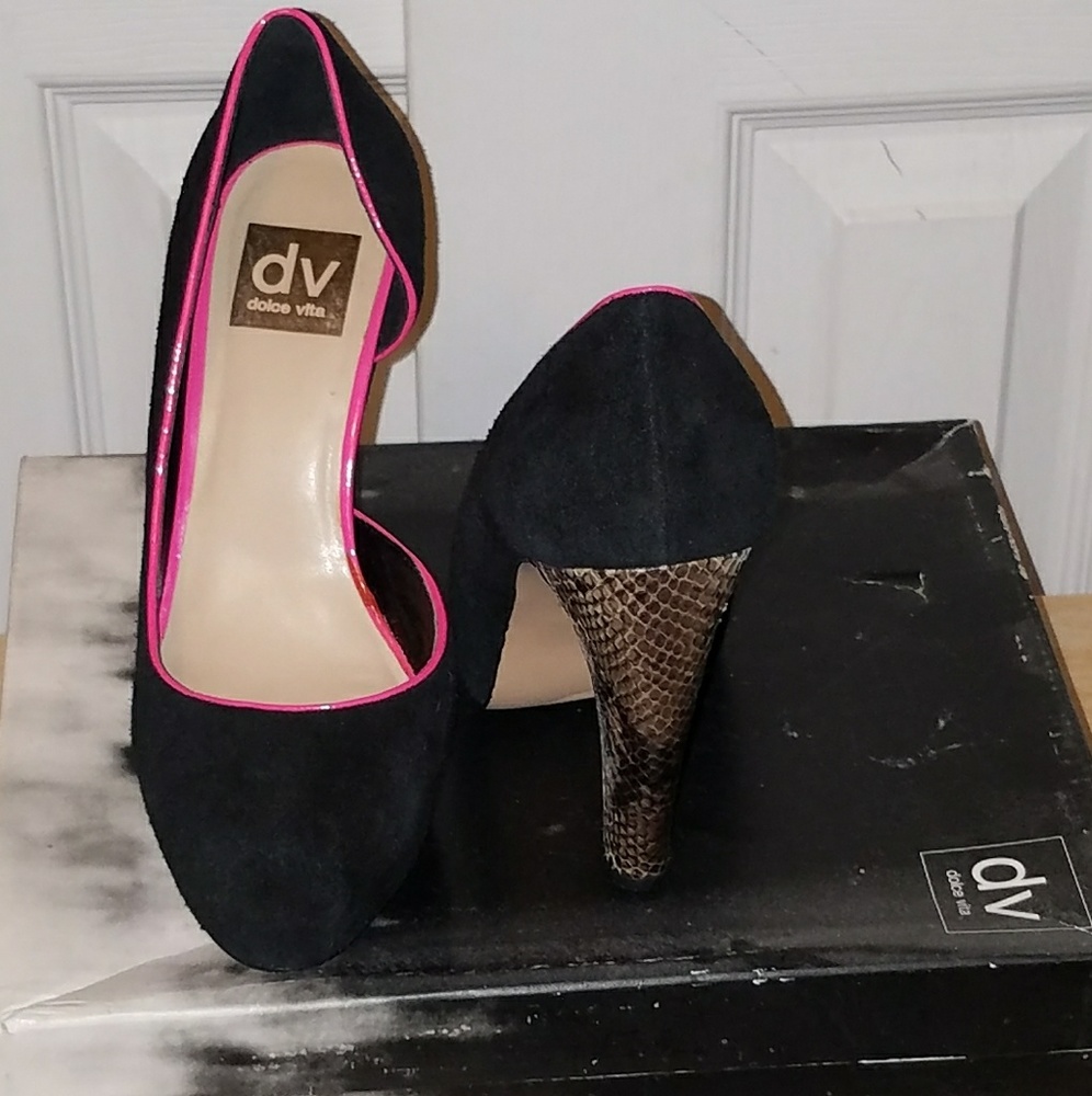 Neon pink and suede heels