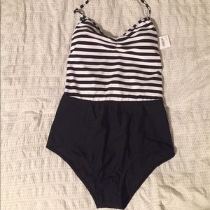 Retro black and white Striped One Piece Swimsuit