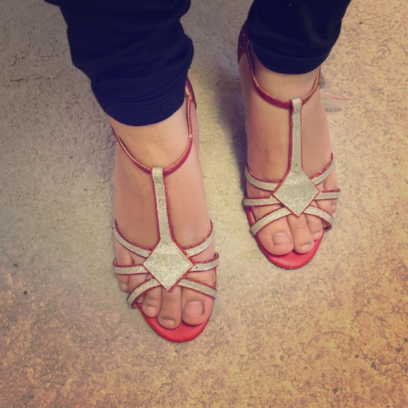 Shinny bling red silver balloon dance heels