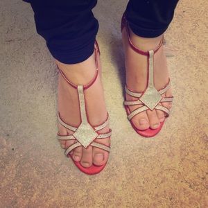 Shinny bling red silver balloon dance heels