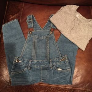 Denim overalls and long sleeve grey shirt!