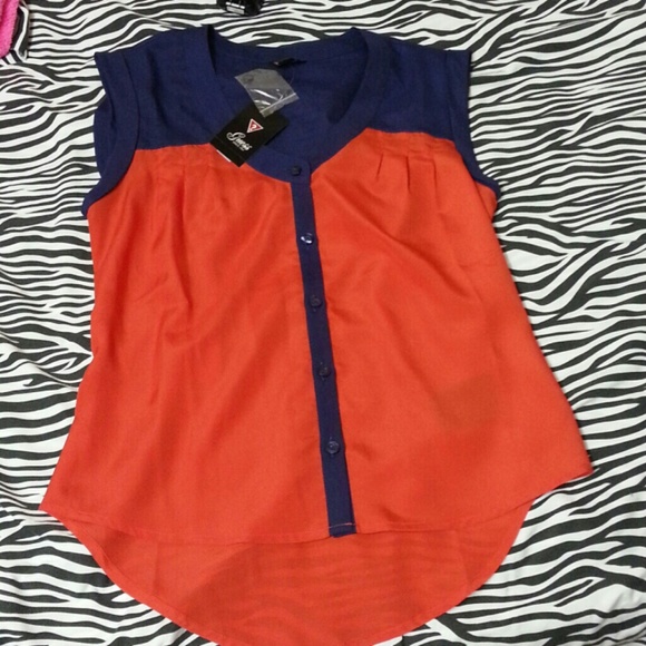 Guess Navy and red-orange color block blouse
