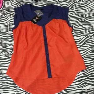 Guess Navy and red-orange color block blouse