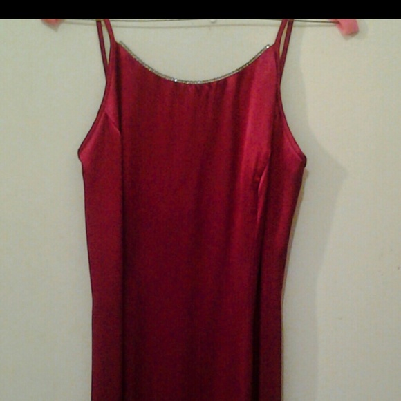 Red floor length a line formal.