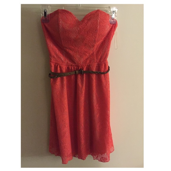 Orange/pink strapless lace dress w/ open bow back!