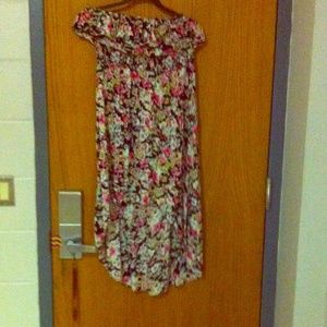 Strapless, floral print high-low dress.