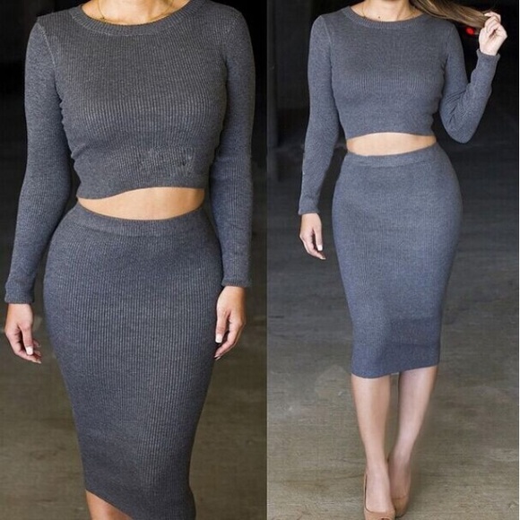 Grey Crop Top And Long Skirt