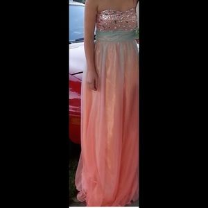 Long coral and blue dress