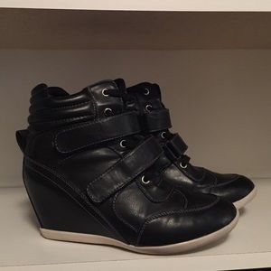 Scrappy Black Faux Leather Wedge Sneakers