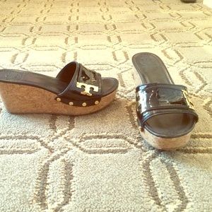 Tory Burch wedge sandals. Black with cork bottom.