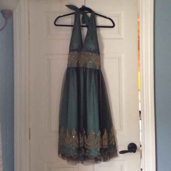 Green dress with brown overlay and gold details