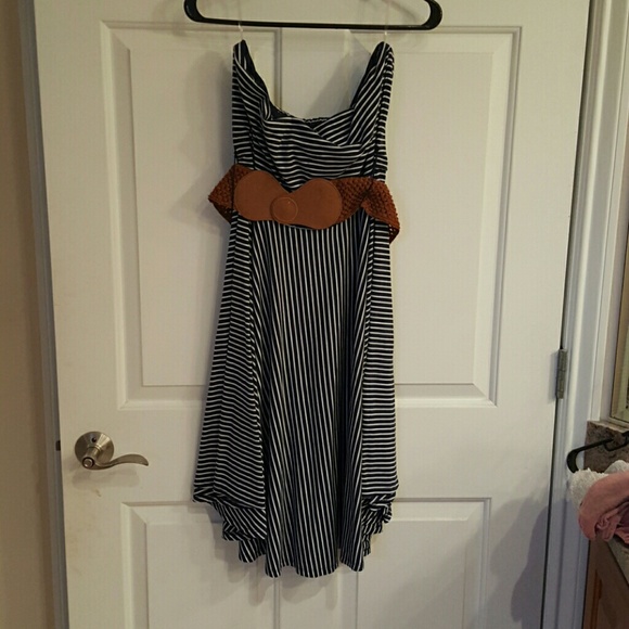 Navy blue and white strapless dress