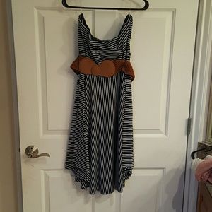 Navy blue and white strapless dress