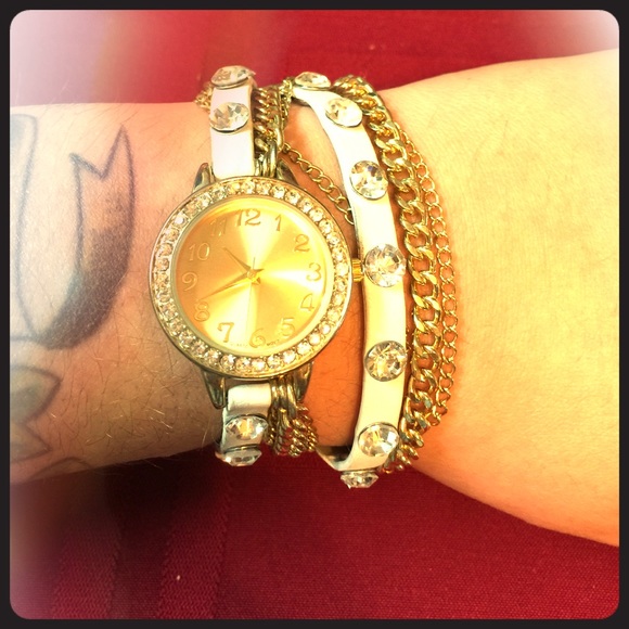 White and Gold Rhinestone Wrap Watch
