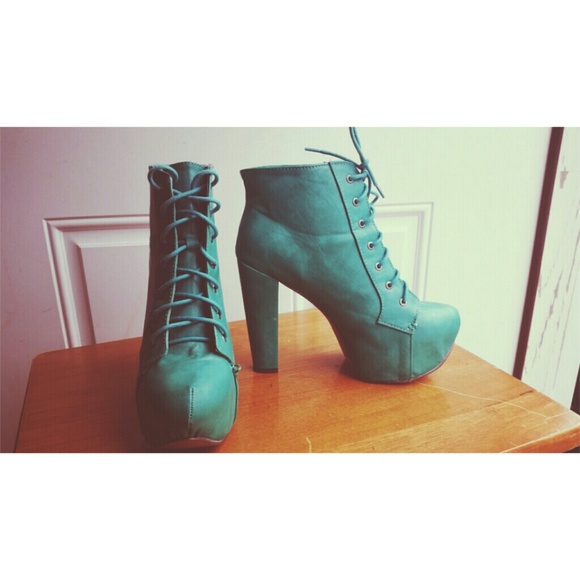 Shoes - Turquoise Faux Leather Platform Booties