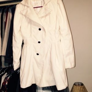 White thin pea coat button up with black sash