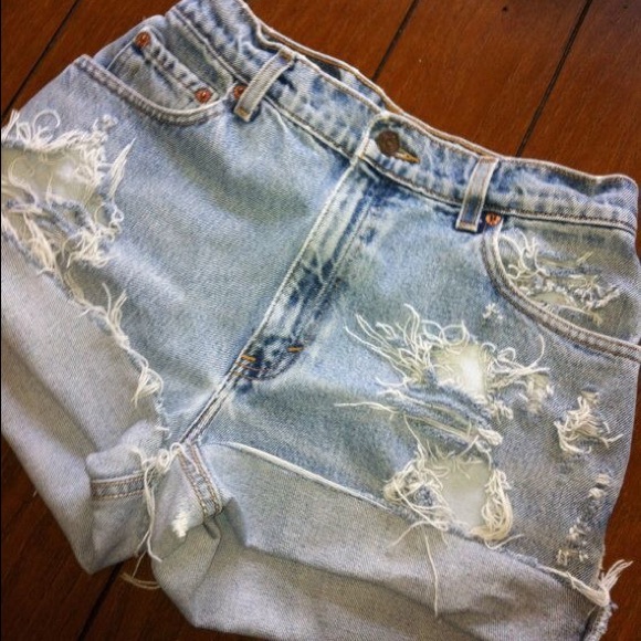 Denim - Distressed light wash high waisted shorts