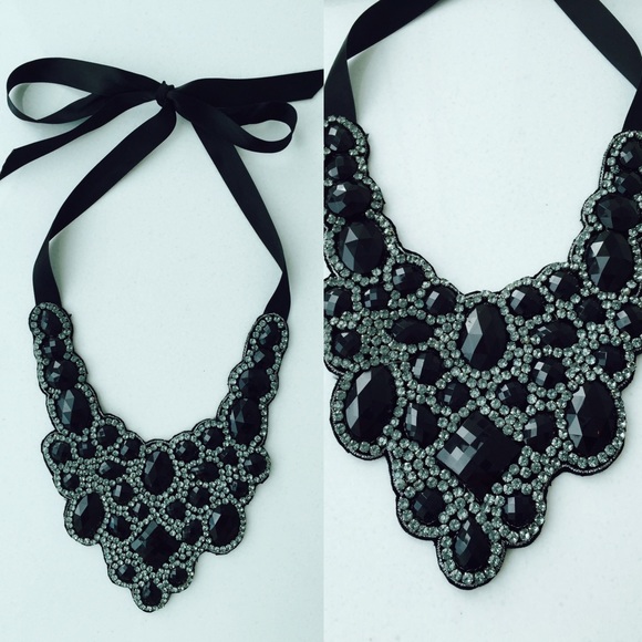 Black and crystal bib necklace.