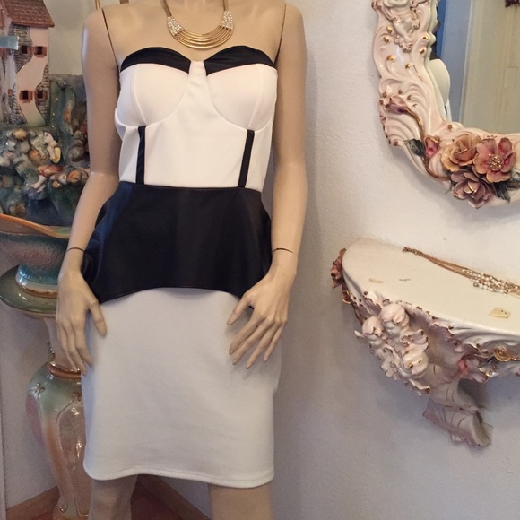 Black and white Dress with Faux Leather Peplum