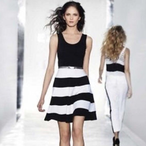 Black white stripe color block fit and flare dress