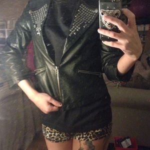 Black studded leather quarter sleeve blazer
