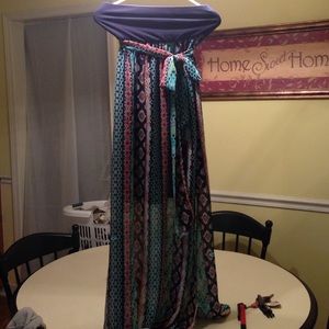 Navy blue strapless sheer bottom maxi dress