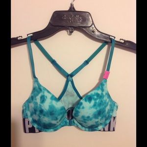 NWT PINK logo racerback bra w frontclose; Size 32A