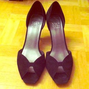 Black suede open toe heels