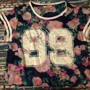 Floral print semi cropped jersey tee