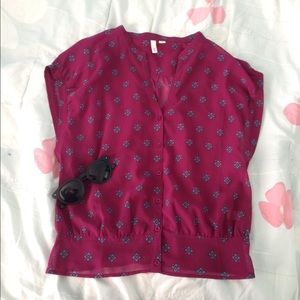 Button up reddish pink top with floral design