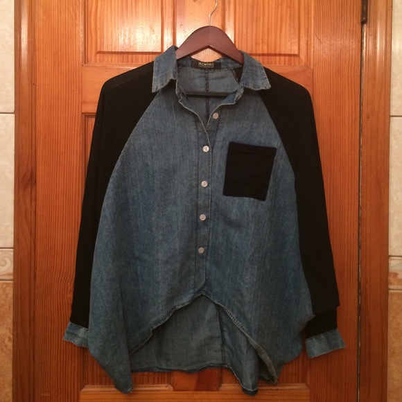 Denim button with sheer sleeves