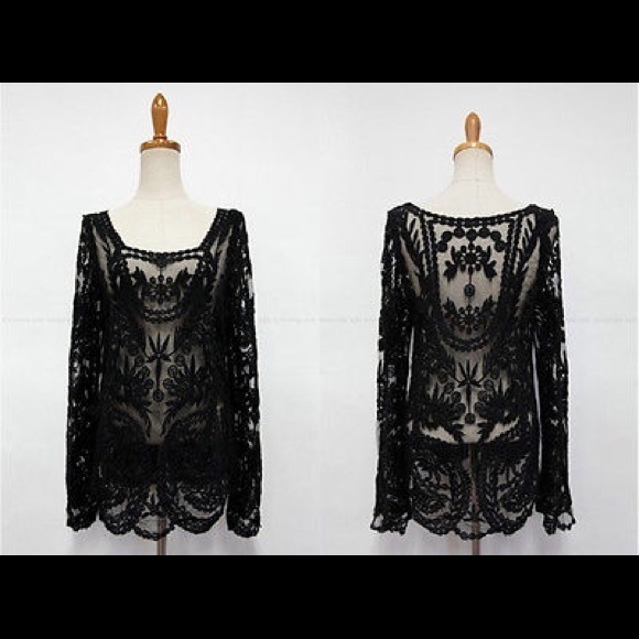 NWT Sheer Black Boho Embroidered Crochet Blouse