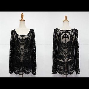 NWT Sheer Black Boho Embroidered Crochet Blouse
