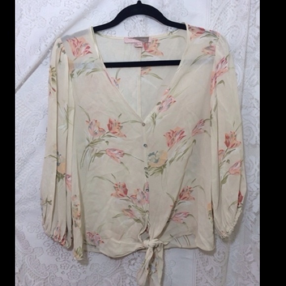 Pastel Beige Floral Chiffon Button Down Tie Top
