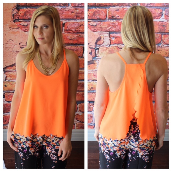 Tops - Neon coral scalloped tank