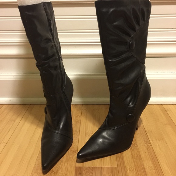 Baker's mid-calf black leather high heel boots