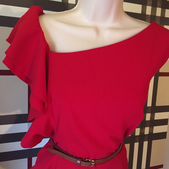 Red Calvin Klein ruffle dress.  Sz 14.  Gorgeous! - Picture 2 of 4