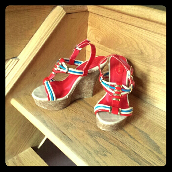 Tallulah Blu red, white, and blue platform wedges