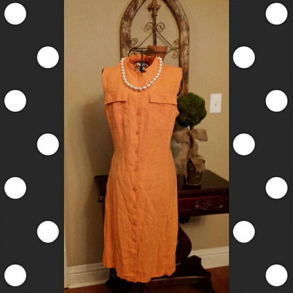 100% Linen sleeveless button up coral dress.