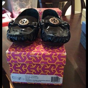 Tory Burch black patent Mocs