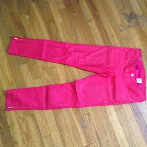 Red leather and denim blend pants