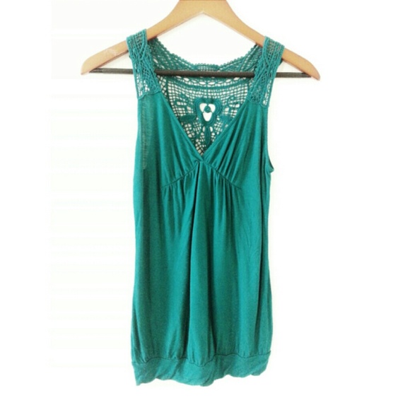 Green tank top with crochet detailing on back