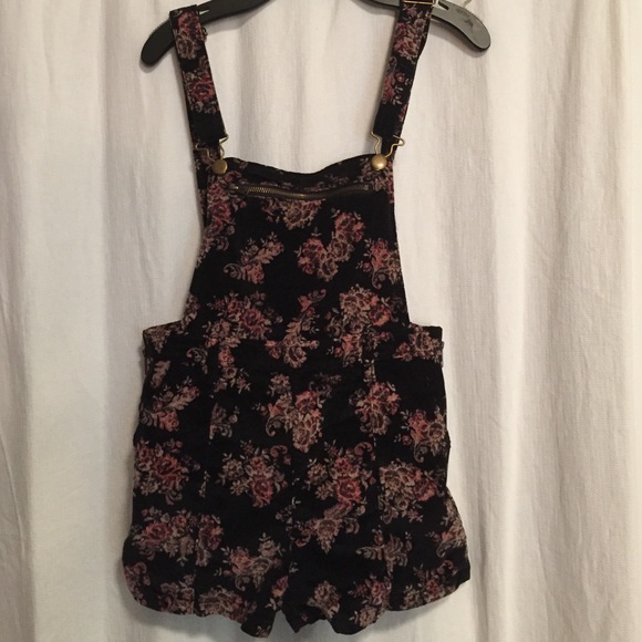 Black and Floral Velvet Overall Shorts