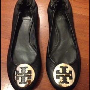 Tory Burch Black Reva Flats with Gold Buckle
