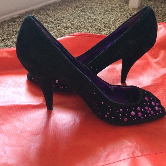 Short black heels with purple metal dots/beads
