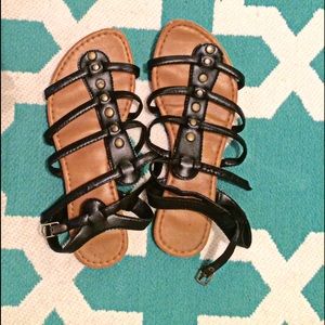 Black, leather-like strappy sandals