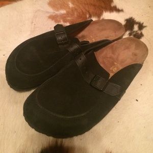 Birkenstock black and brown suede clogs