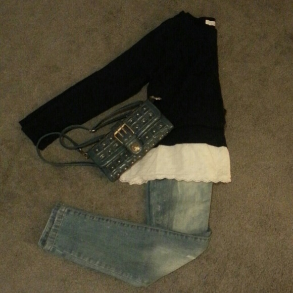 Navy sweater with white lace